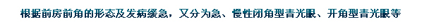 根據(jù)前房前角的形態(tài)及發(fā)病緩急，又分為急、慢性閉角型青光眼、開角型青光眼等。